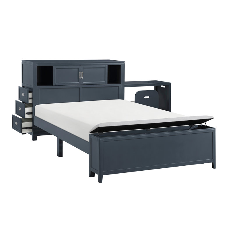 Lit plateforme double avec bibliothèque, tête de lit et tiroirs, bureau caché, tabouret, pied de lit, banc de rangement, meubles de chambre à coucher, 1 pièce