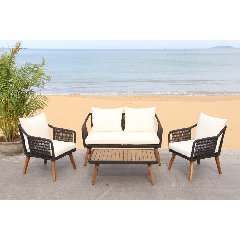 4 Piece Sofa Seating Group with Cushions, Black Frame/BeigeCushion