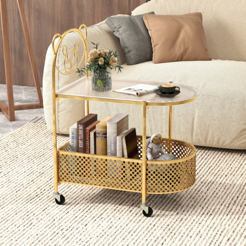 Table de bout mobile à 2 niveaux en verre avec motif d'ours, Doré
