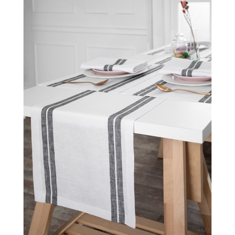 Chemin de table en lin D'Moksha Homes, L 72 po x l 14 po, White/Black