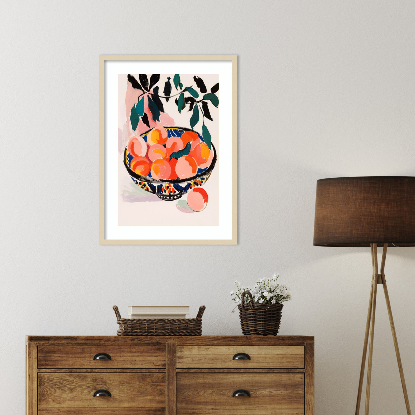 Ottilie "Fresh Peach Fruit Bowl" Print, Brown Framed, 33" H x 24" W