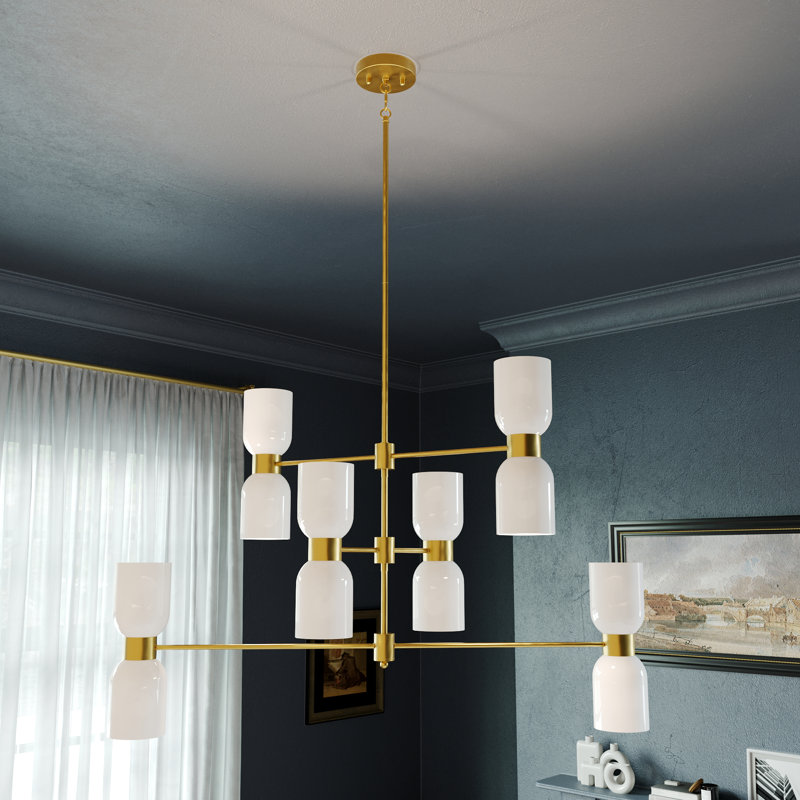 Gold 12-Light Dimmable Chandelier with White Glass Shades