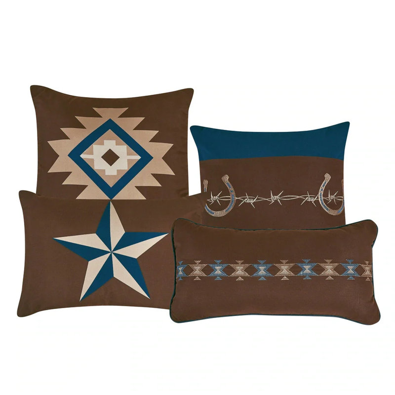 Ensemble de 7 pièces d'édredon à motif de broderie bleu brun Southwestern Cowboys, Grand édredon et 6 pièces supplémentaires