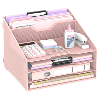 Organisateur de dossiers de bureau, 4 plateaux à lettres et 2 sections verticales, organisateur de papier pour bureau avec bacs à lettres à niveaux et porte-documents verticaux (rose)