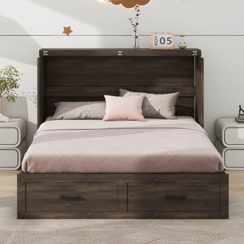 Armoire lit escamotable avec tiroir de rangement et station de charge Murphy, Gris rustique, Grand