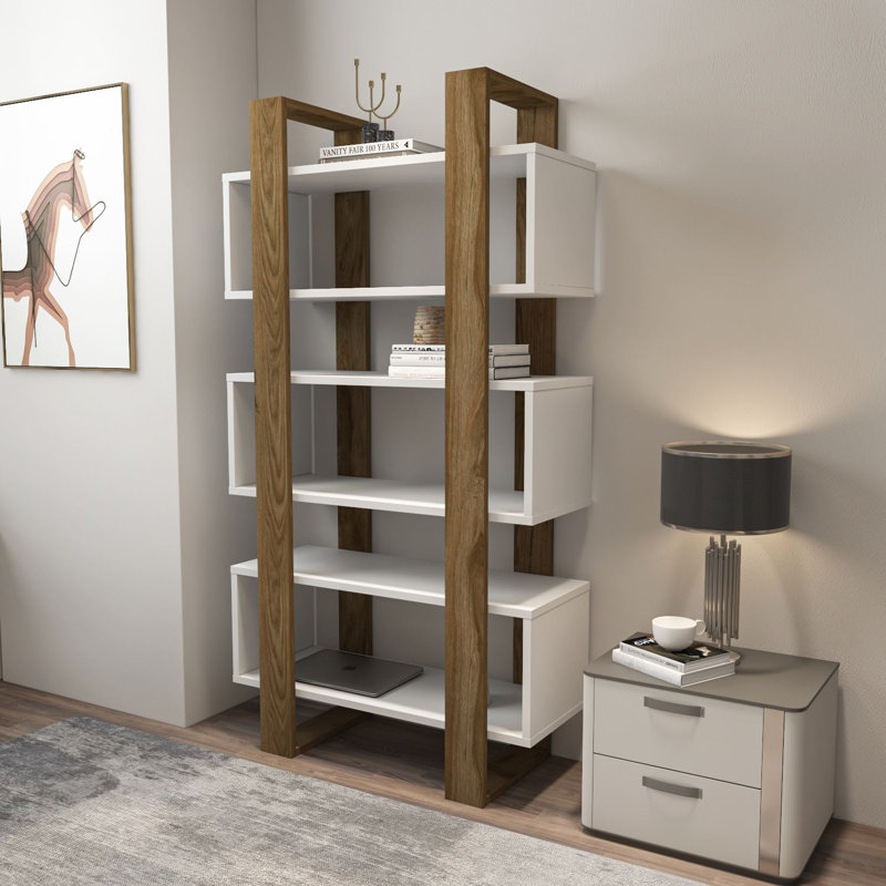 Bibliothèque moderne, finition noyer et blanc, 31,5 po x 59,1 po x 11,6 po | 100% panneau de particules enduit de mélamine, épaisseur: 0,71 pouce | Solution de rangement élégante pour la maison et le bureau, design élégant, durable et fonctionnel