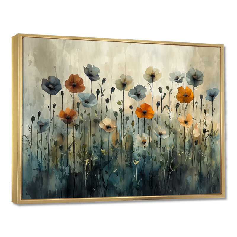 Hiver, minimalisme, coquelicots, champ III - coquelicots, art mural, H 12 po x l 20 po, Cadre flottant doré