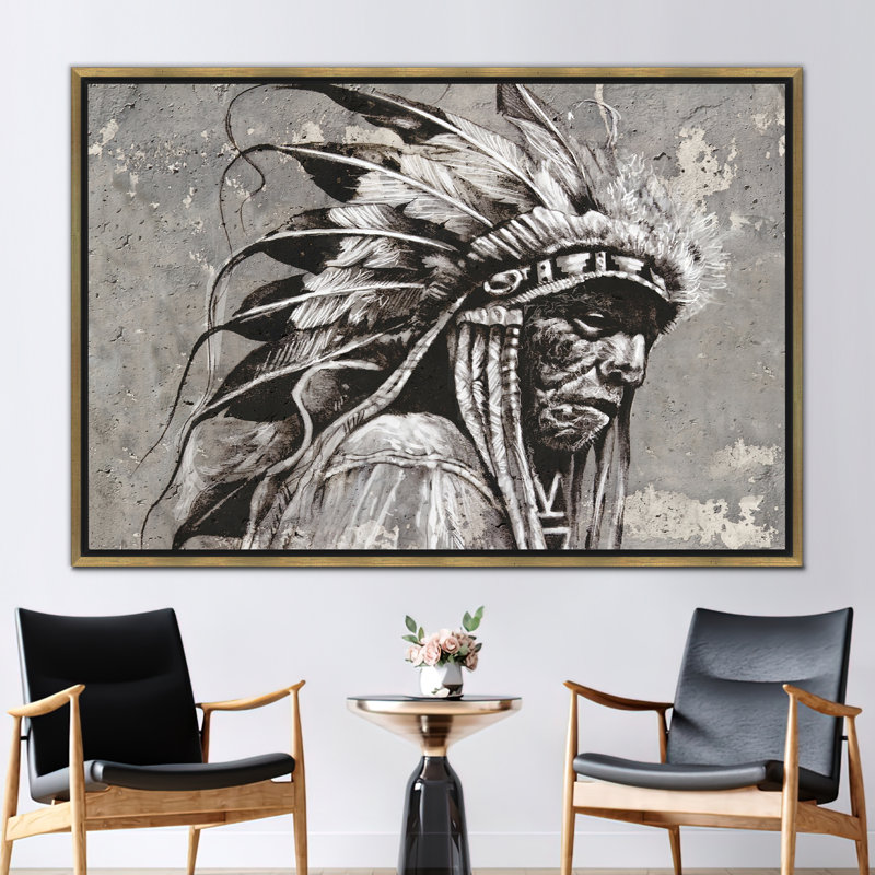 Abstrait art moderne sur toile représentant un vieux chef amérindien, H 39 po x l 93 po, Cadre flottant doré