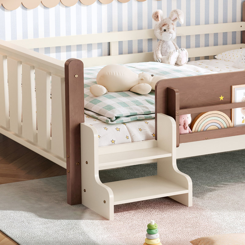 Grand lit au sol avec bibliothèques de rangement, lit en bois massif pour enfants avec de jolis escaliers et garde-corps, aucun sommier nécessaire, beige