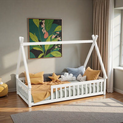 Tent-Shaped Floor Bed,Teepee Bed With Guardrails,Slats
