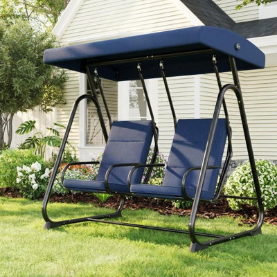 2-Person Outdoor Patio Swing Chair – Adjustable Canopy, Removable Cushions & Heavy-Duty Steel Frame (Dark Blue)