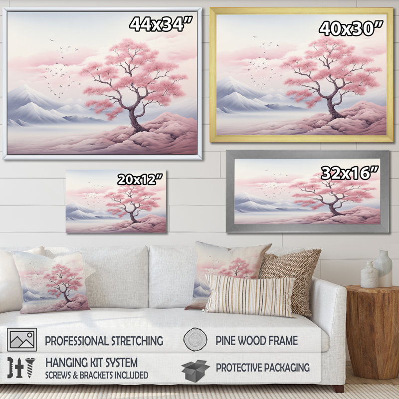 Minimalisme, arbre rose solitude I, H 34 po x l 44 po x P 1,5 po, Cadre flottant noir