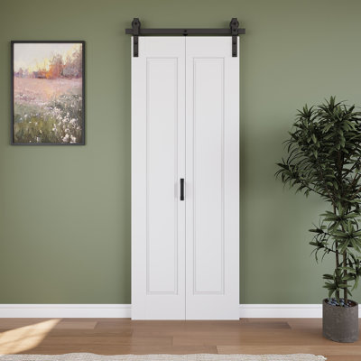 Porte de grange pliante à un panneau, à âme creuse, 81 cm x 213 cm, avec quincaillerie incluse et panneaux préassemblés (idéale pour les armoires, garde-manger, buanderies, salles de bains et autres petites pièces).