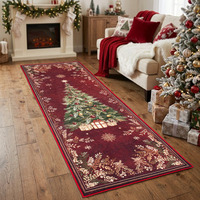 Tapis de couloir traditionnel d'arbre de Noël rouge, couloir de cuisine de couloir antidérapant