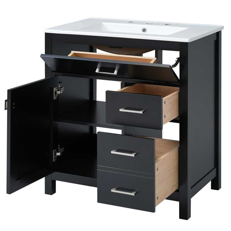 Meuble-lavabo de 30 pouces avec lavabo en céramique, Noir, noir, noir, noir, Argent argent