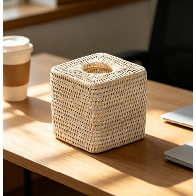 Handwoven Wicker Tissue Box Cover – Natural Rattan Tissue Holder for Bathroom, Bedroom, Living Room, Office Desk – Cube Shape Fits Standard Square Tissue Boxes, White Wash Finish