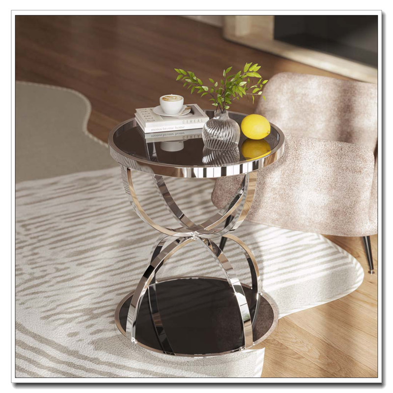 Table d'appoint moderne en verre 19,69 po avec 2 niveaux, Argent