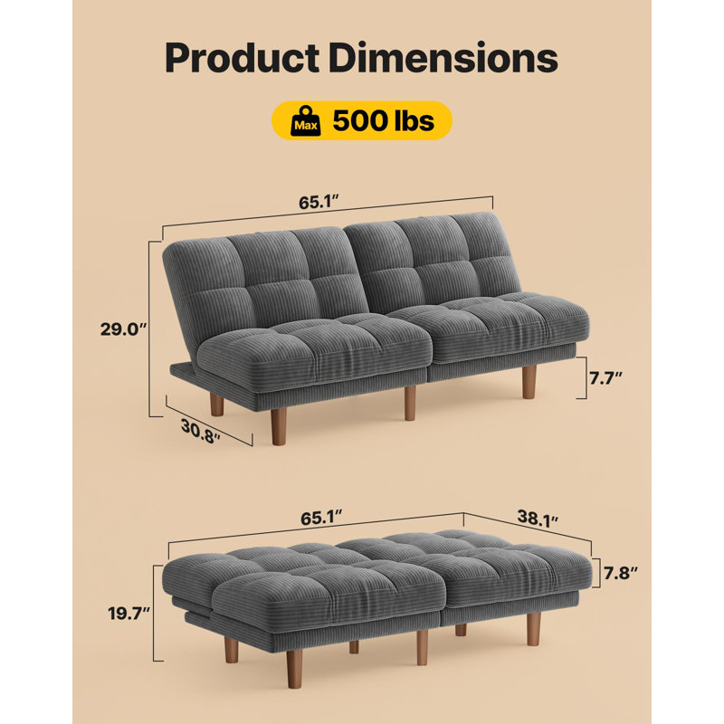 65"Convertible Futon Sofa Bed,Futon Couch With Adjustable Backrest,Ergonomic Recliner Sleeper Sofa With Corduroy Fabric For Small Spaces ,Living Room, Office