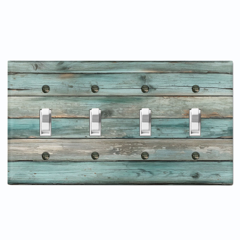 Metal Light Switch Plate Outlet Cover (Teal Wood Fence Brown - Quadruple Toggle)