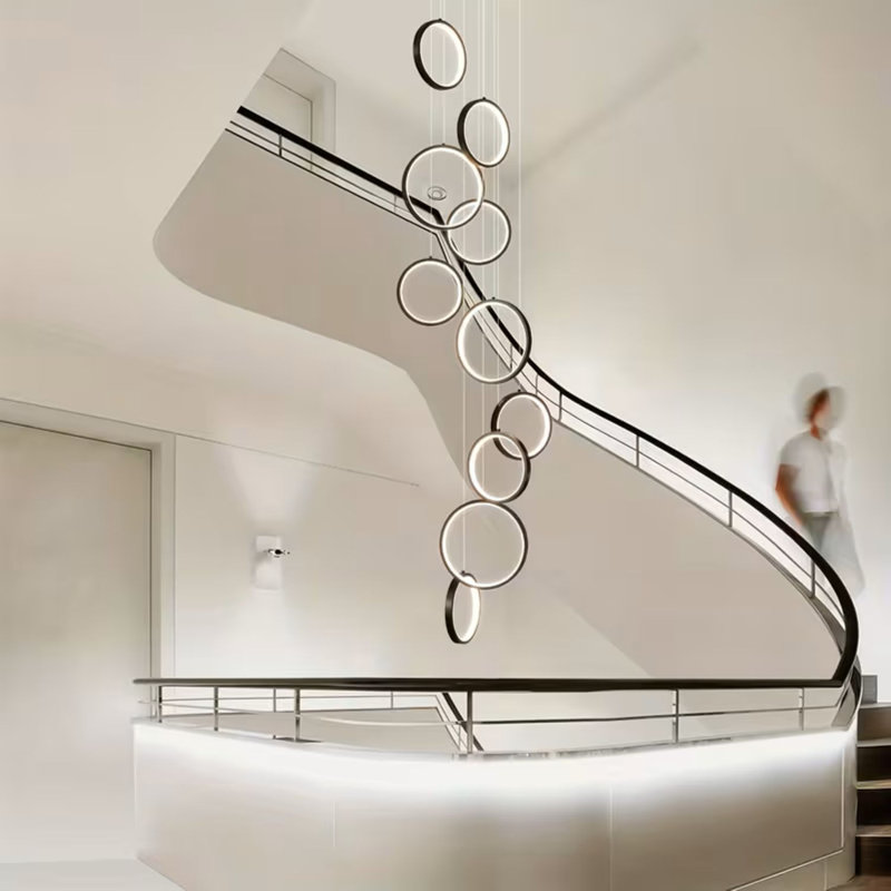 Modern High Ceiling Chandelier With Remote Control, 10-Ring Black Entryway Chandelier Suitable For High Ceilings, 3000K-6000K Dimmable Long LED Chandelier Lighting, Suitable For Entrance Stairs Entryway