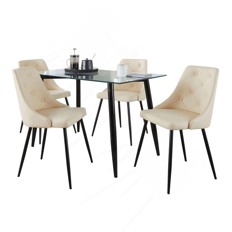 Ensemble de salle à manger Clara-Giovani en métal noir, verre transparent et similicuir crème par Lumisource - 5 pièces