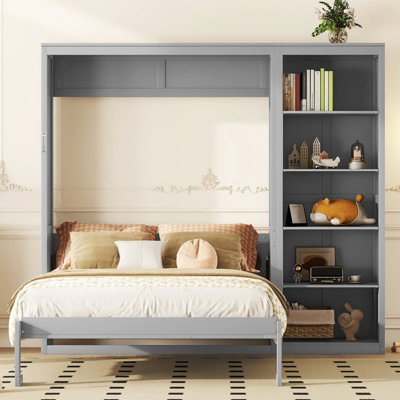 Grand lit gris avec tablettes, mur pour le bureau à domicile, solution d'espace, multi-zones faciles à utiliser, support pour matelas, style élégant