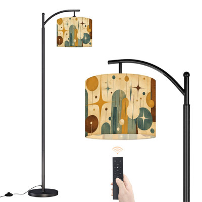 Arched Floor Lamp Vintage Floral Damask Navy Gold Elegant Starburst 62.6" Tall Modern Standing Lamp, LED Linen Drum Shade, 3 Color Temperature, Remote & Foot Switch Control for Living Room Bedroom Reading Nook