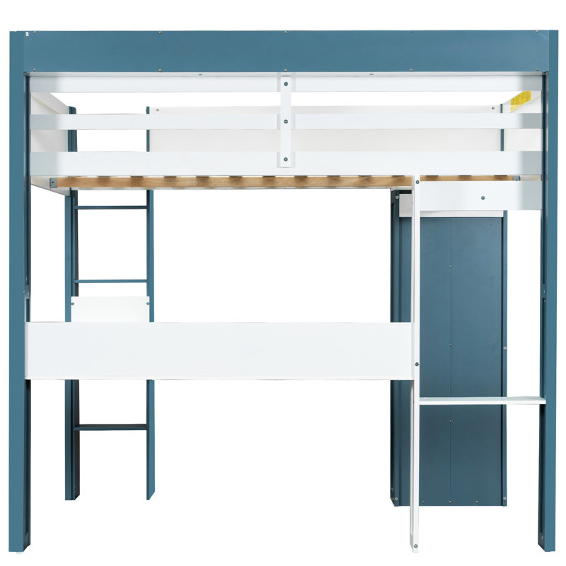 Lit mezzanine en bois blanc + bleu avec garde-robe et bureau - esthétique moderne, utilisation fonctionnelle, conception facile de la tige de suspension, fonction pratique, guide d'installation