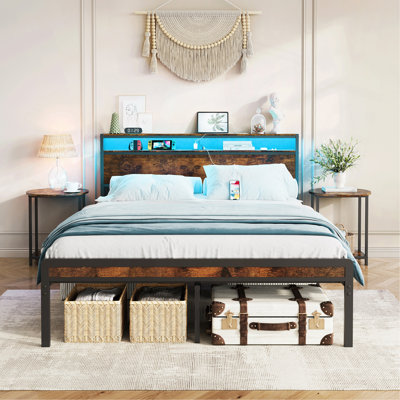 Full Size Metal Bed Frame With Headboard And Footboard, LED Lighting, Black Heavy Duty Mattress Foundation With Steel Slat Support, Noise Free,81.73"L X 54.13"W X 38.96"H