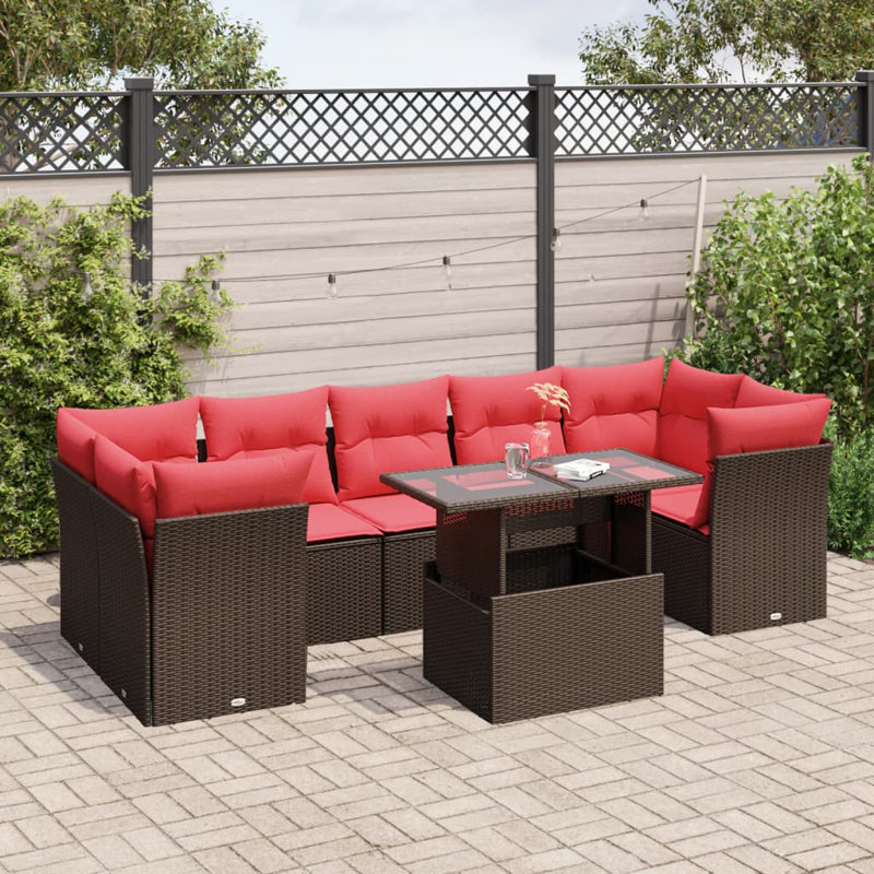  Ensemble de canapé de patio 8 pièces avec coussins en rotin de polyester gris, Rouge, Brun