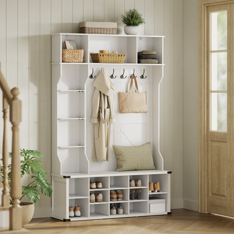 Hall Tree 51.2'' Wide with Bench and Shoe Storage, Adjustable Shelves, White
