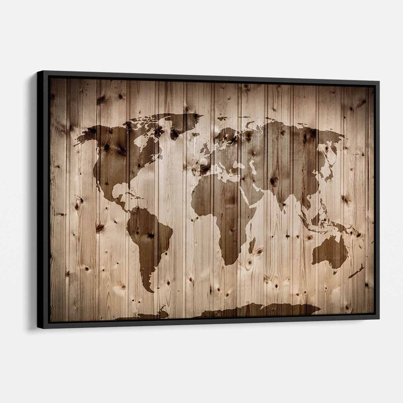 Brown World map Wall Art Canvas 2536, H 24 po x l 36 po, Cadre flottant noir