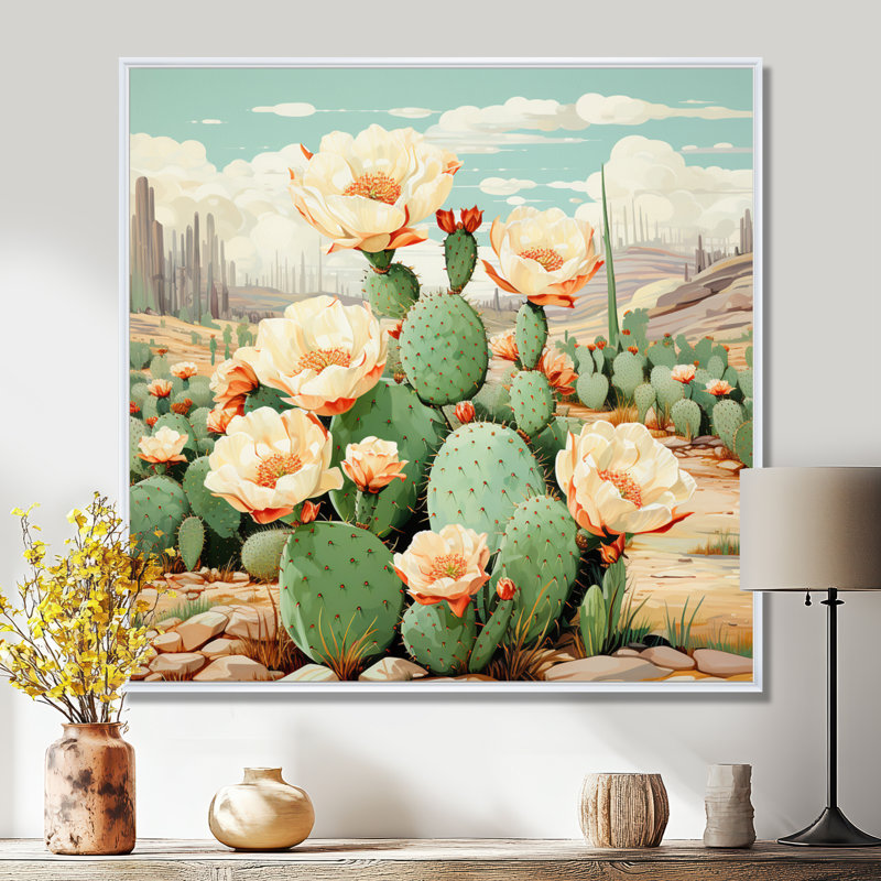 Cactus vert corail, désert, pointillisme IV - art mural grand cactus, Cadre flottant blanc, 44" H x 44" W
