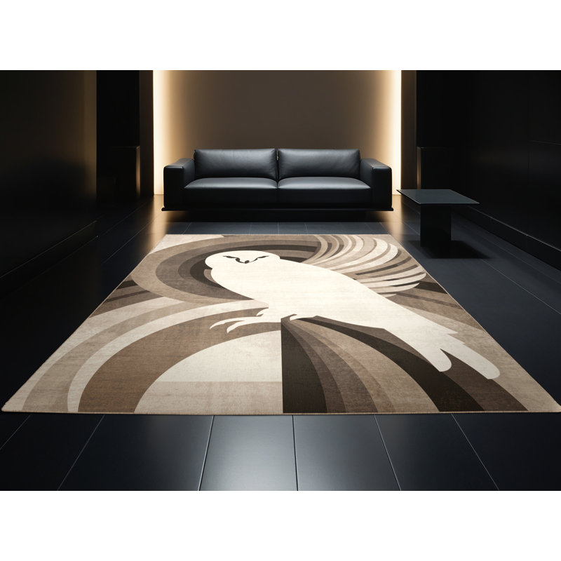 Tapis arc-en-ciel doux moelleux à motif de chouette des neiges de style Abson - reliure beige, 3 X 5
