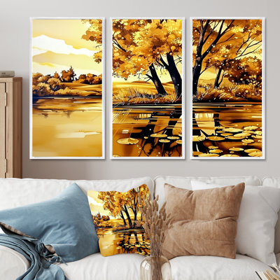 «Golden Glow River In Autumn II», ensemble d'art mural paysage d'automne