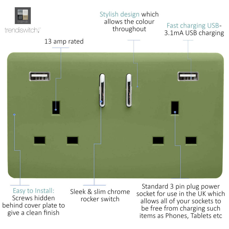 Trendi Switch 2 Gang USB 3100mA Plug Socket, Moss Green