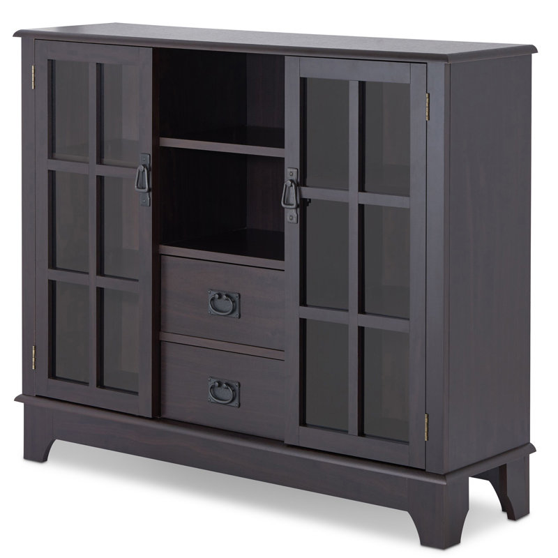 Élégante armoire en noyer avec portes en verre, 2 tiroirs et un grand espace de rangement, Noir