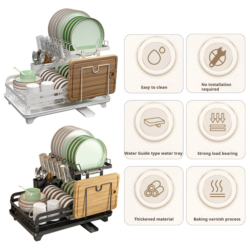 2-Tier Metal Dish Drying Rack with Drain Board 360-Degree Rotatable Anti-Rust Coating, Black