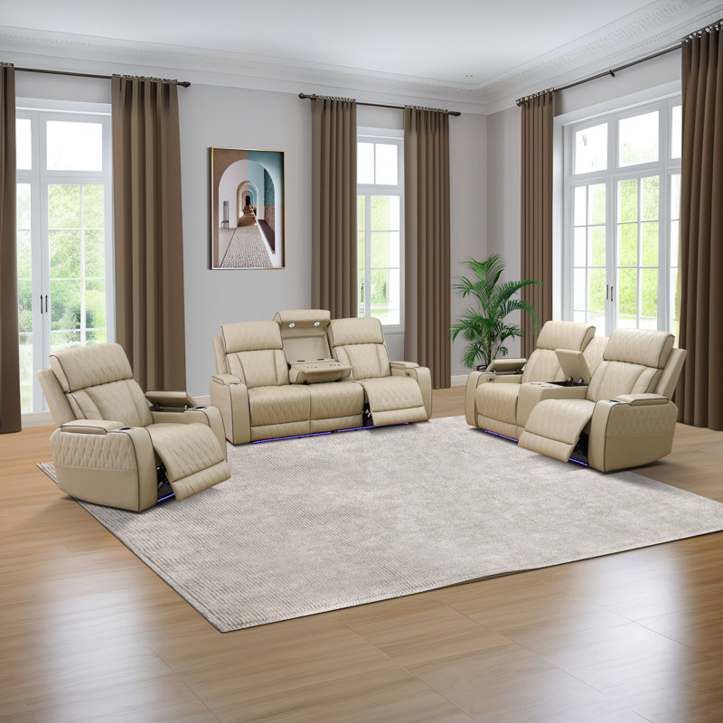 Ensemble de salon inclinable en cuir 3 pièces Humler, Crème