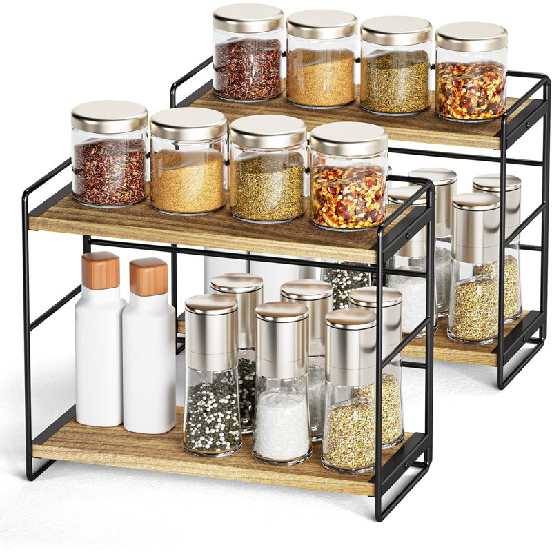 Bathroom Countertop Organizer Set Of 2, Kitchen Counter Shelf Spice Rack Sink Countertop Storage Desktop Large Wood Shelf - Carbonized Black
