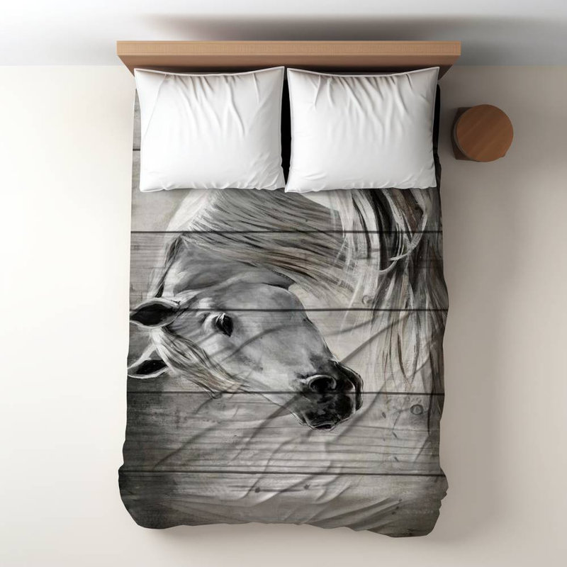 Polyester Sateen Duvet Cover, Twin Duvet, White Rustic Horse