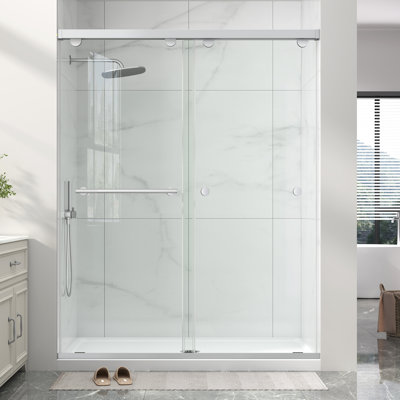 43"-48" W x 76" H Double Sliding Framed Shower Door in Brushed Nickel with 5/16" Clear Tempered Glass, Soft Close Cushion