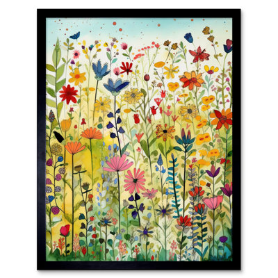 Mixed Wildflower Bloom In Meadow Folk Art Artwork Framed Wall Art Print 9X7 Inch