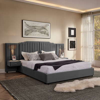 King Velvet Platform Bed With Wide Headboard & Built-In Nightstands