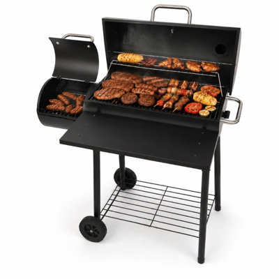 Charcoal Grill with Offset Smoker, 510 Sq. In. Barrel BBQ Smoker Grill Combo with Warming Rack, Front Shelf & Wheels