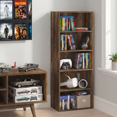 Malbon DVD Shelf, 5-Tier CD Rack, Cube Storage Organizer Media Shelf with Open Shelf, 11 x 17 x 44, for Living Room, Bedroom, Home Office, Amber Pine