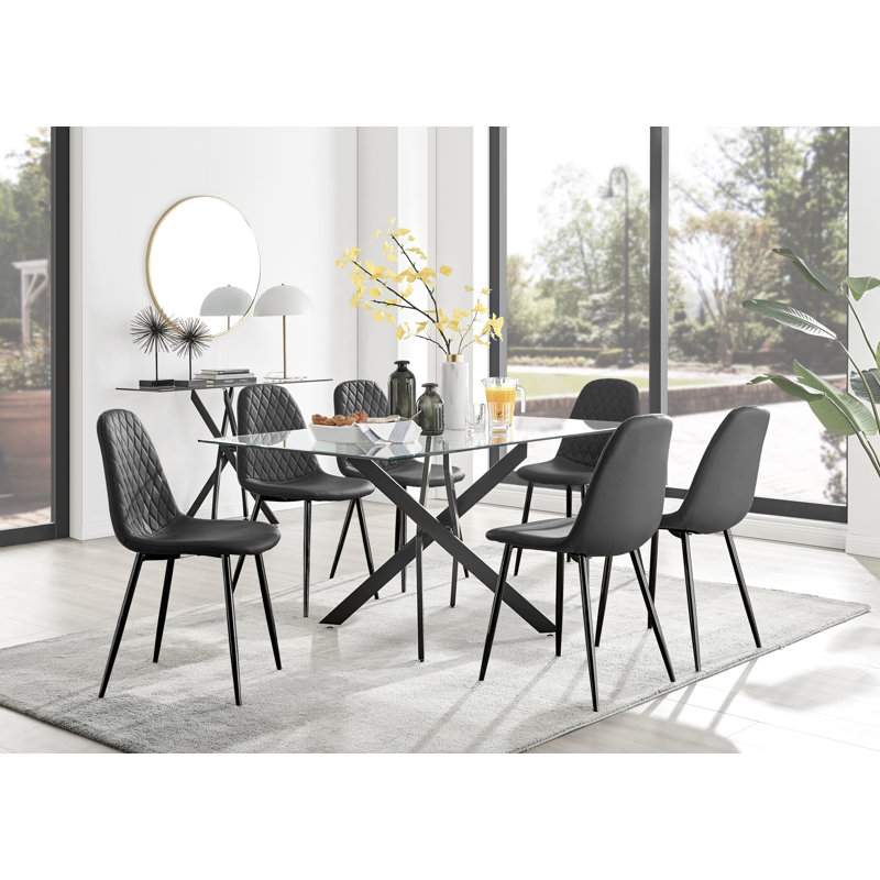 Lenworth Modern Black Metal and Glass Dining Table Set - x6 Luxury Faux Leather Dining Chairs, Black/Black