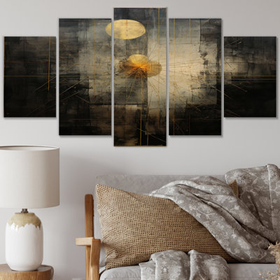 «Full Moon Rising Vintage Illustration», reproduction sur toile abstraite - 5 panneaux