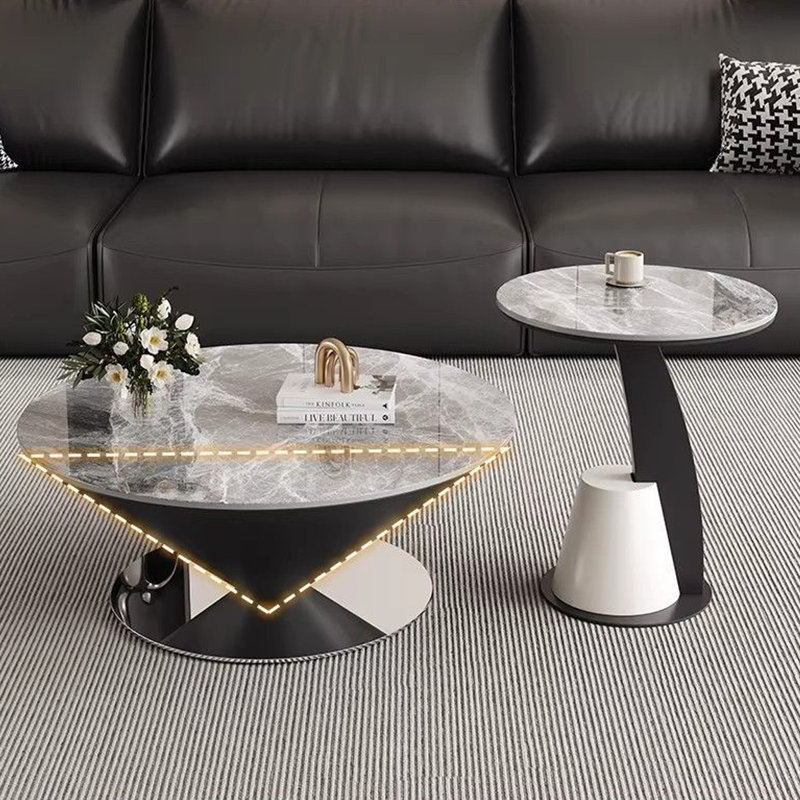 Ensemble de tables basses rondes en contreplaqué gris et acier inoxydable, 90+50