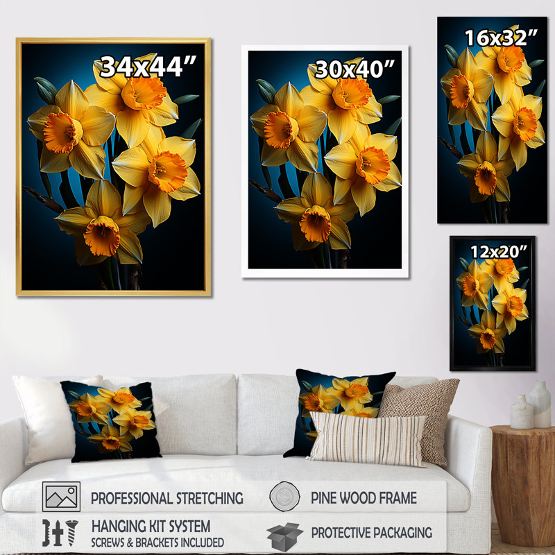 " Yellow And Orange Daffodil Bloom Dance ", White Floater Framed, 40" H x 30" W x 1.5" D